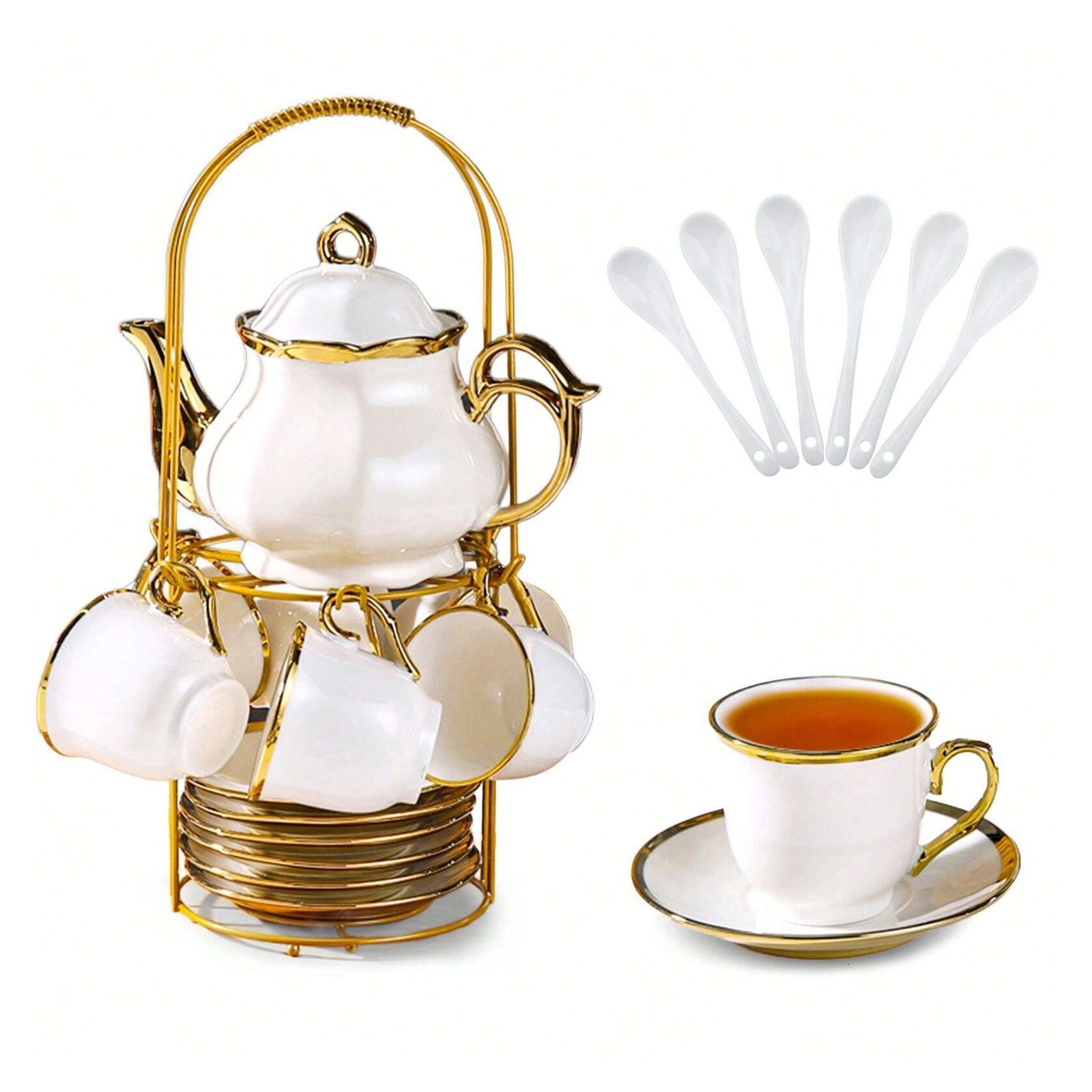 20pc Porcelain Tea Set 6 Cups Saucers Spoons Teapot Stand Gold Floral