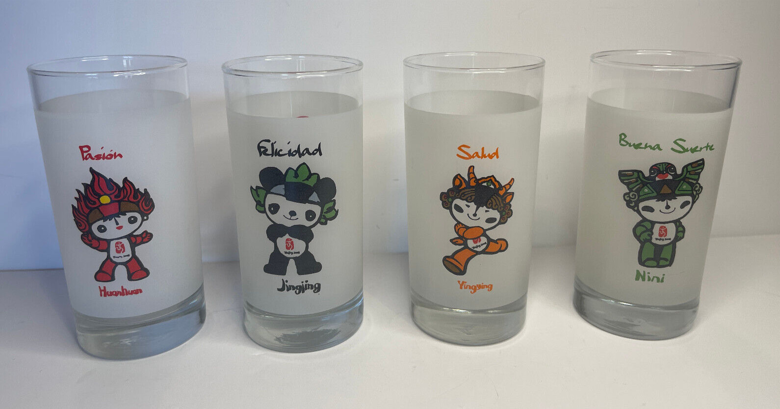 Set 4-Beijing 2008 Anime Friendlies Mascots-Olympics Coca Cola Glasses-Spanish