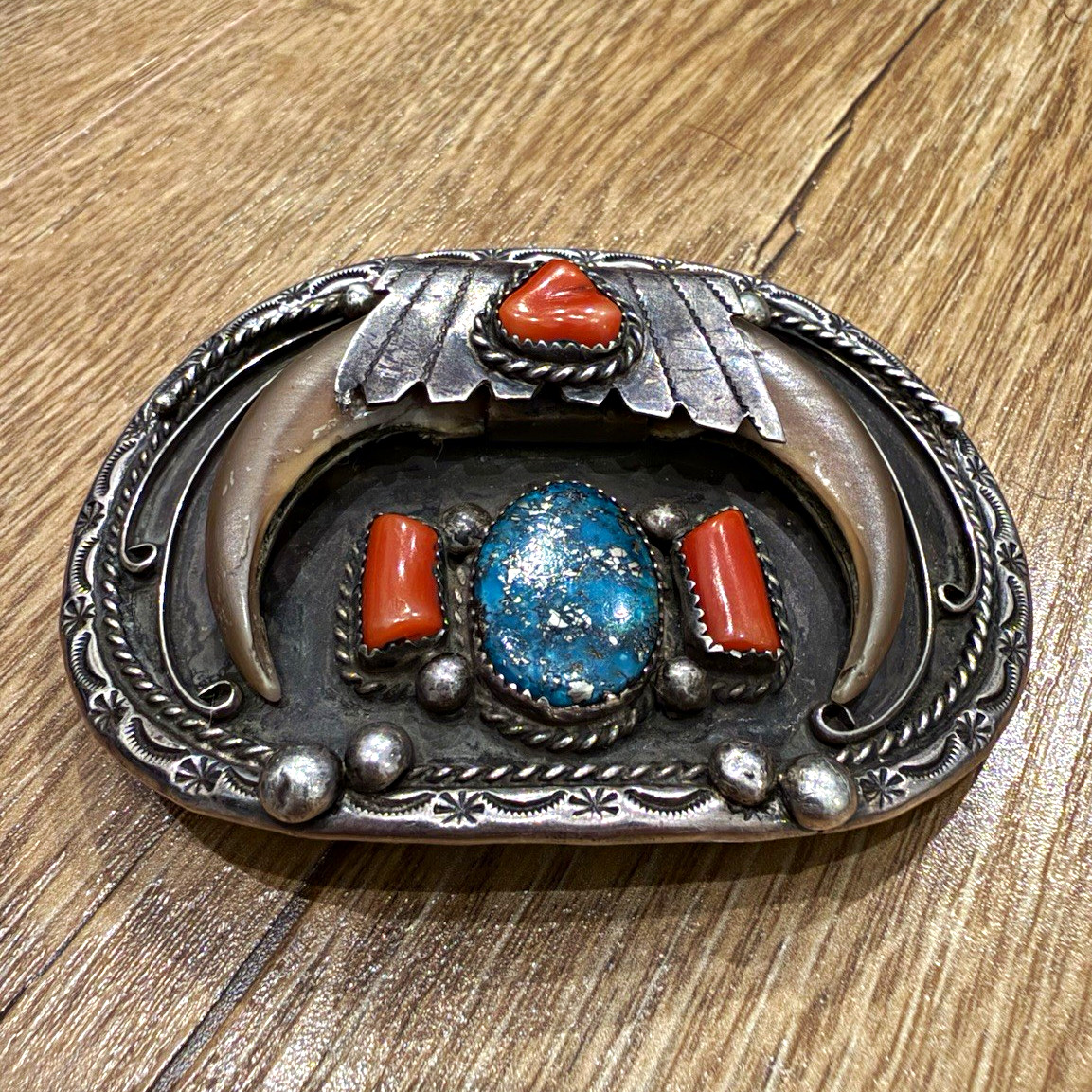 Solid Sterling Silver Oval Bear Claw Belt Buckle w/Turquoise & Coral - 91.7g
