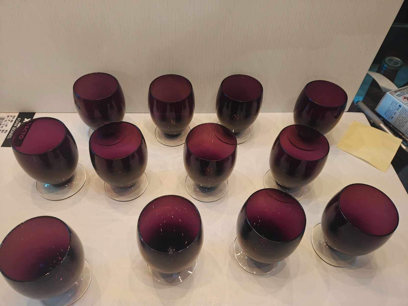 12 Vintage Anchor Hocking Amethyst footed tumbler, stemless with clear base