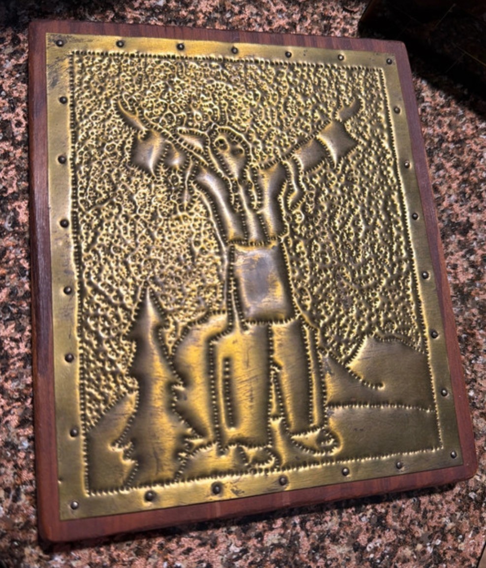 VTG Handmade Native American Copper Relief Wall Art on Wood Plaque Rustic Decor