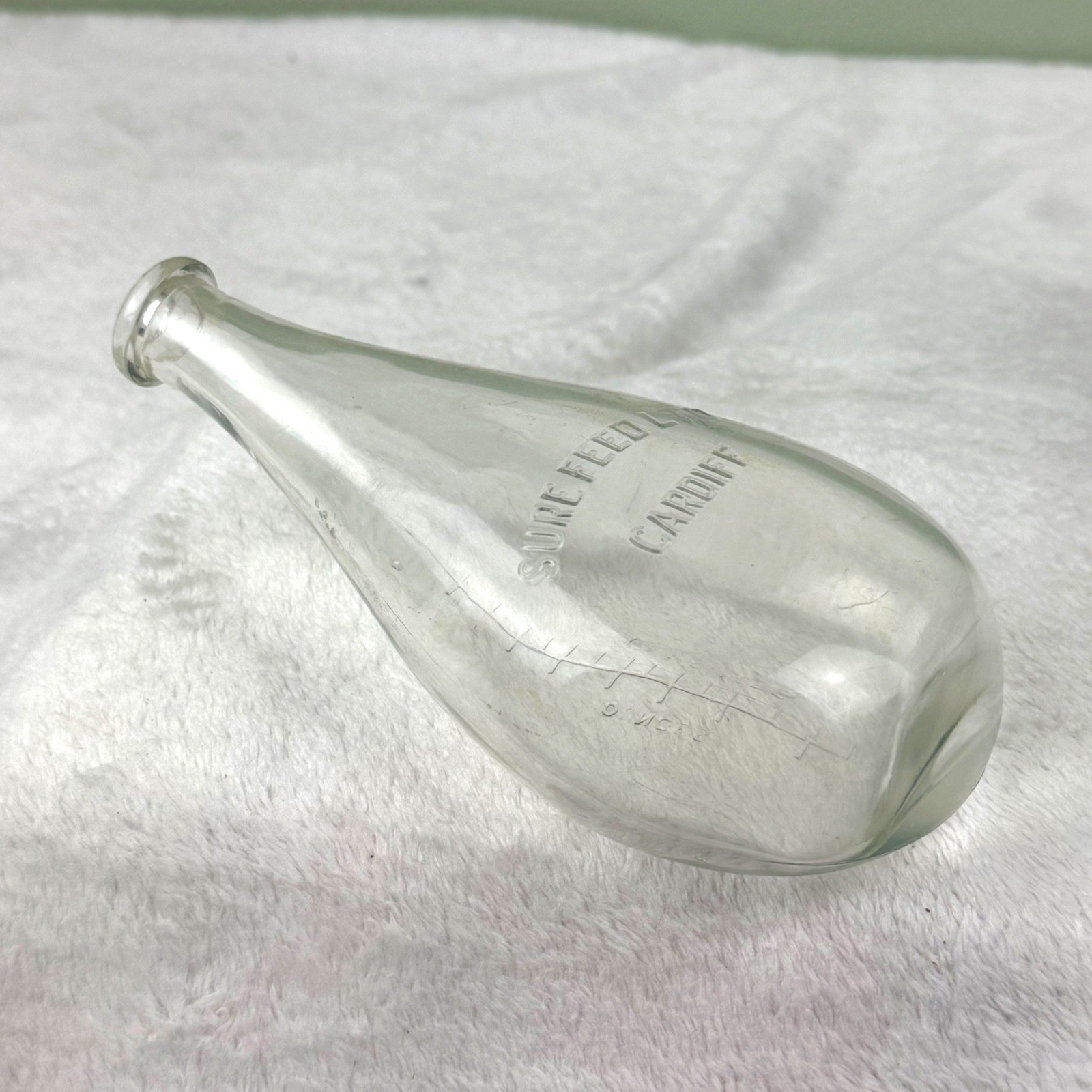Vtg Sure Feed Ltd Cardiff Oval Turtle Glass Baby Bottle Embossed Ounces Clear