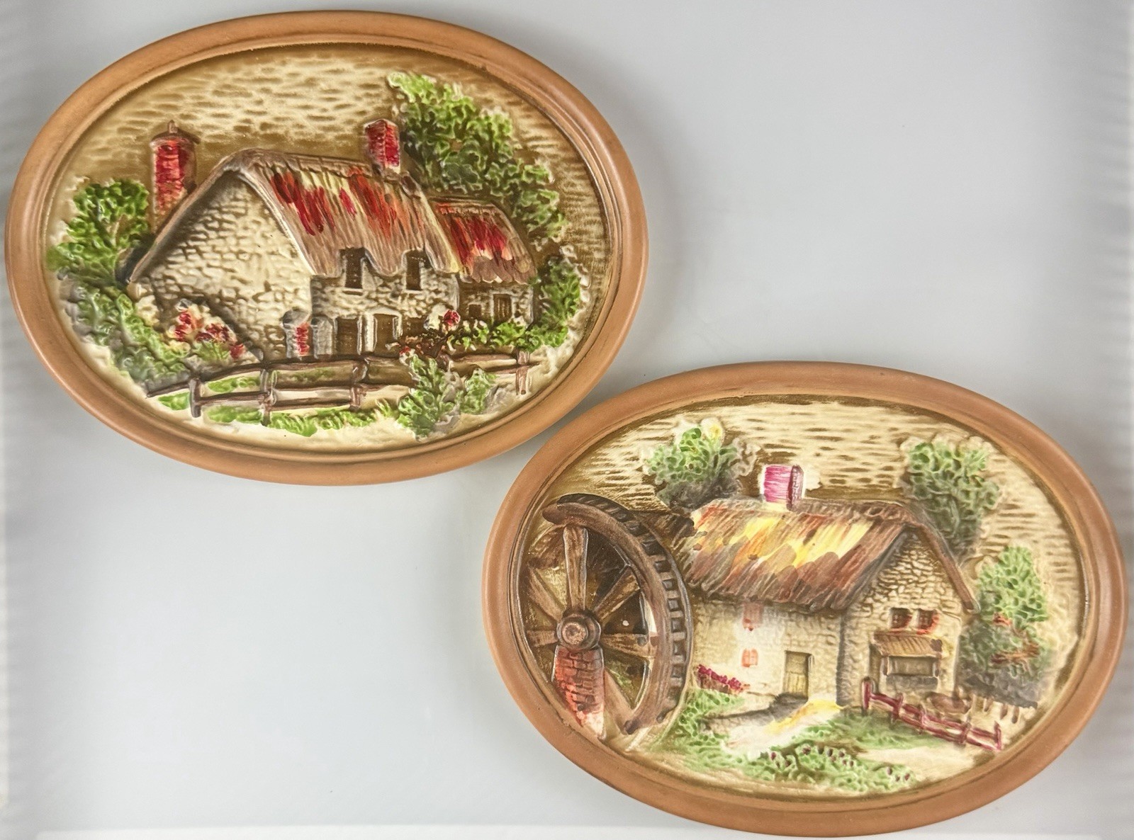 Vintage Lefton Ceramic Wall Plaque Set 1080 Country Cottage Water Mill Japan