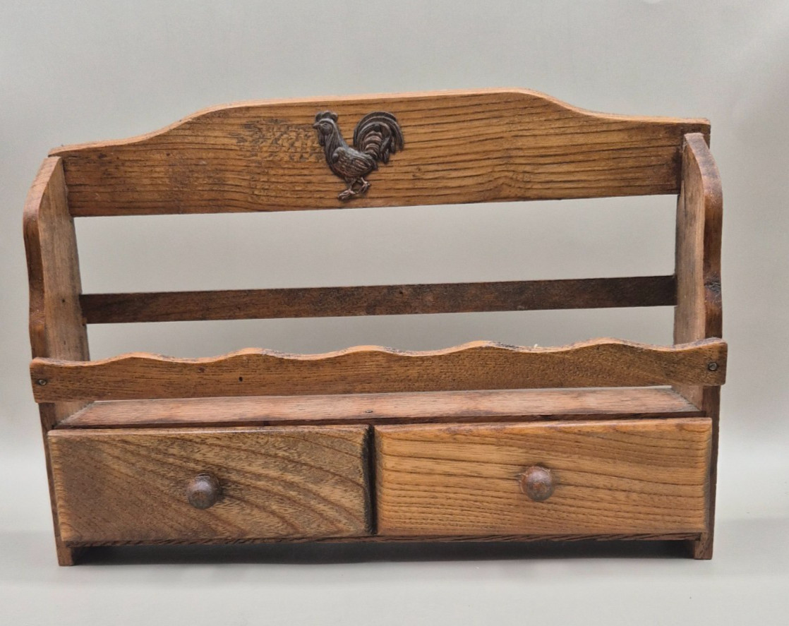 Vintage HIMARK Wood Spice Rack Wall Shelf Metal Rooster 2 Drawers 11