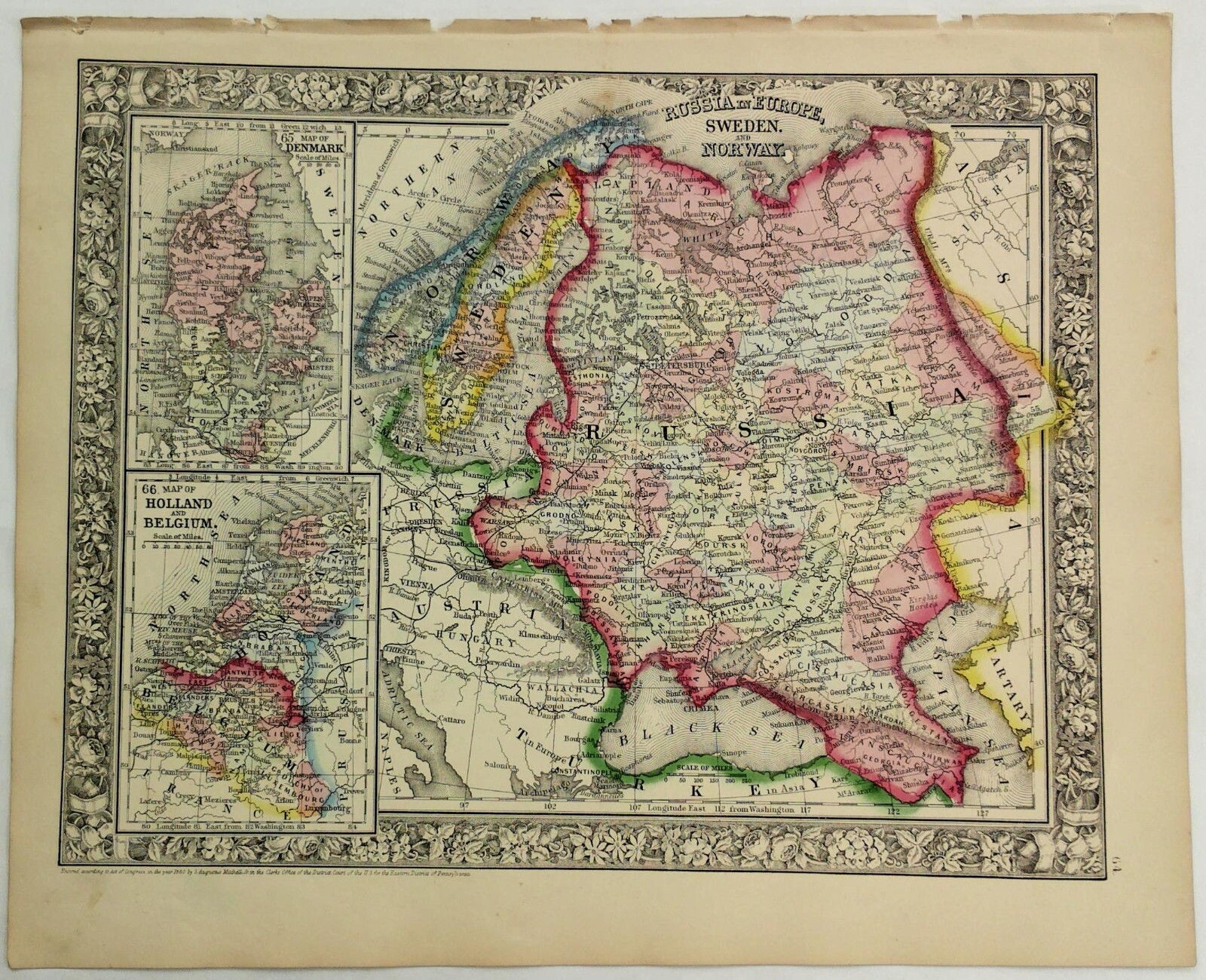 1860 Mitchell\'s Hand Tinted Map RUSSIA Sweden NORWAY Denmark Holland Belgium 1860 Mitchell\'s Hand Tinted Map RUSSIA Sweden NORWAY Denmark Holland Belgium