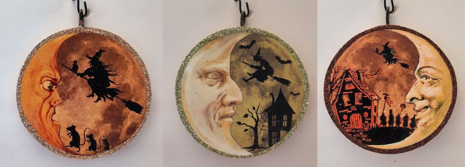 SET of 3 - MAN in the MOON, CRESCENT  * Glitter HALLOWEEN ORNAMENT * Vtg Img