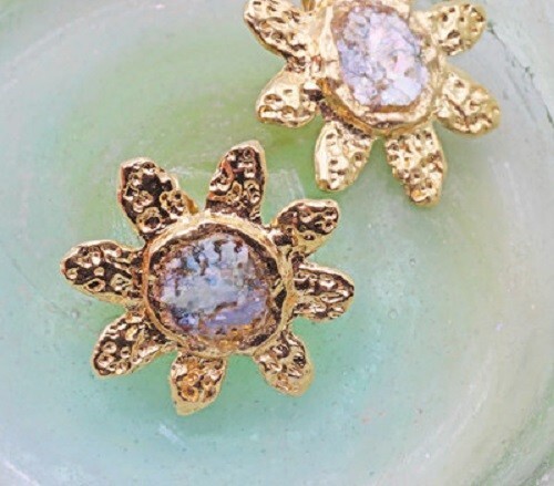 Roman Glass Earrings 14K Gold Plated Flower Ancient Glass 200 BC Round Post Back