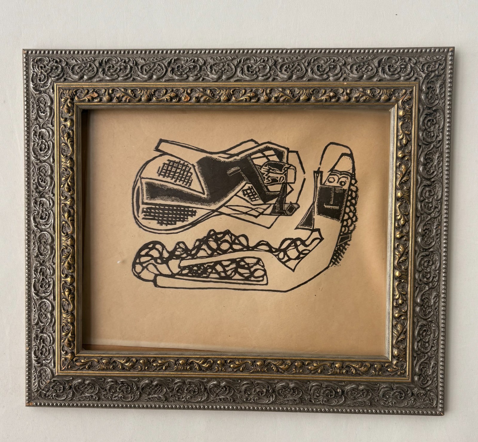 Vintage Mid-Century Cubist Ink Drawing - Ornate Gold Frame Estate Find