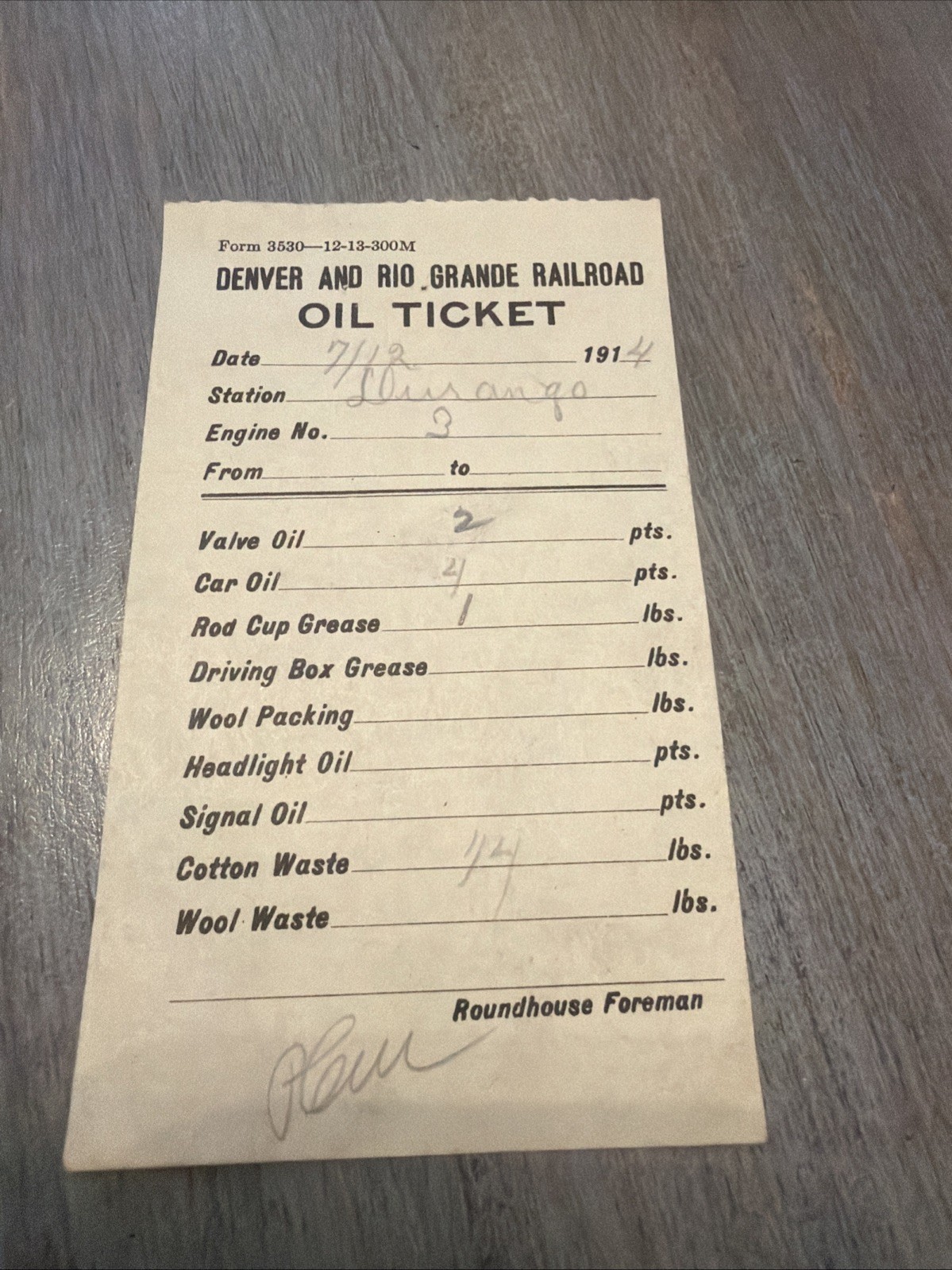 1914 Denver And Rio Grande Railroad Oil Ticket Durango Station Form 3530
