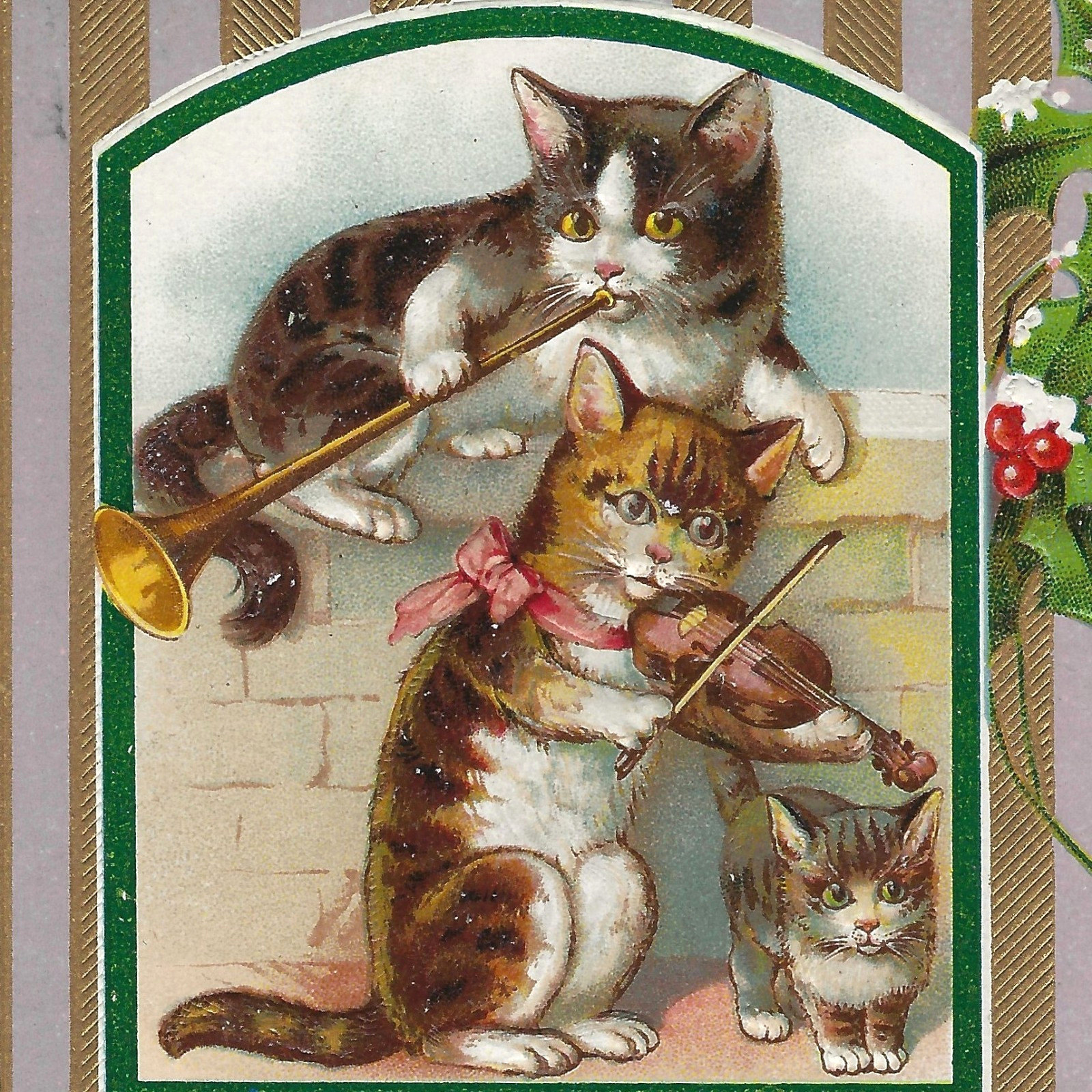 Christmas Cat Musicians Trumpet Violin Kitten Holly Emb PC Vtg c1912 Unused