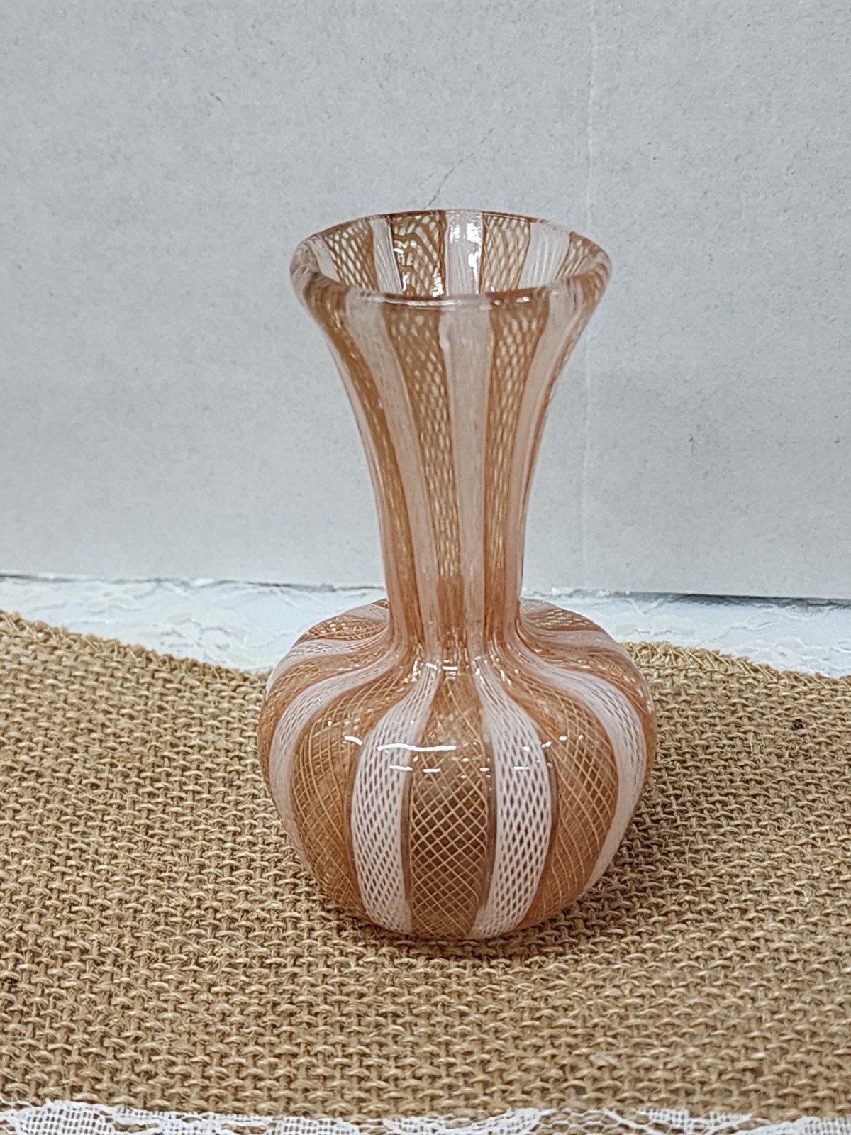 Vintage Murano Latticino Zanfirico Art Glass Mini Bud Vase Rare Peach Apricot