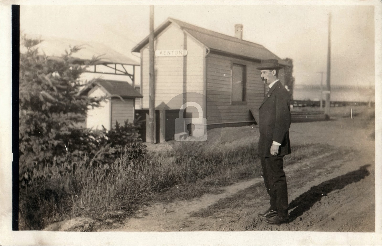 c1910\'s Kenton Interurban Station Depot Man Smoking Pipe RPPC Postcard COPY