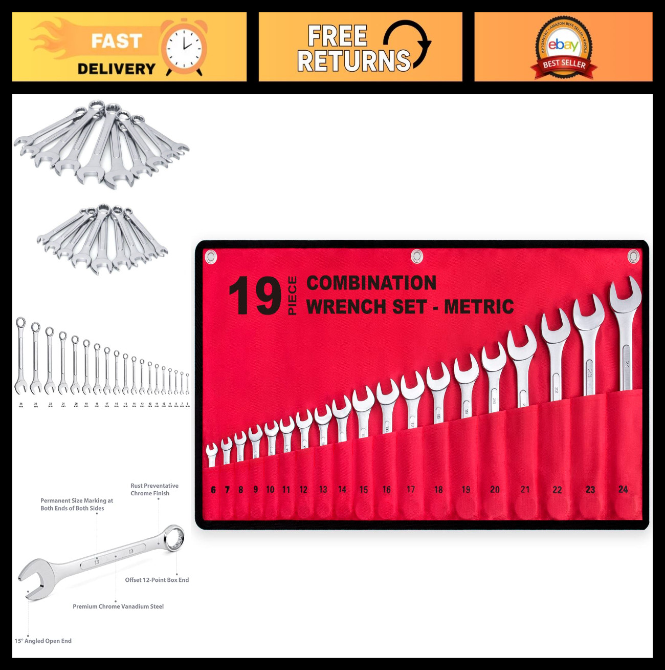 19-Piece Complete Metric Combination Wrench Set in Roll-up Pouch, No Skipped Met