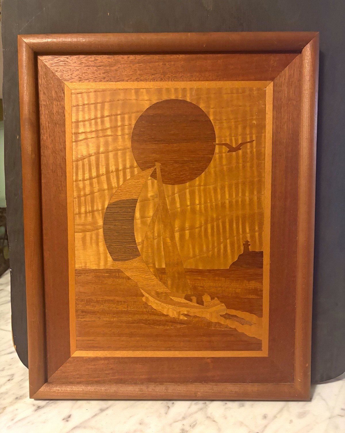 Vintage Wood Marquetry Inlay Sailboat Lighthouse Wall Art Framed Plaque MCM