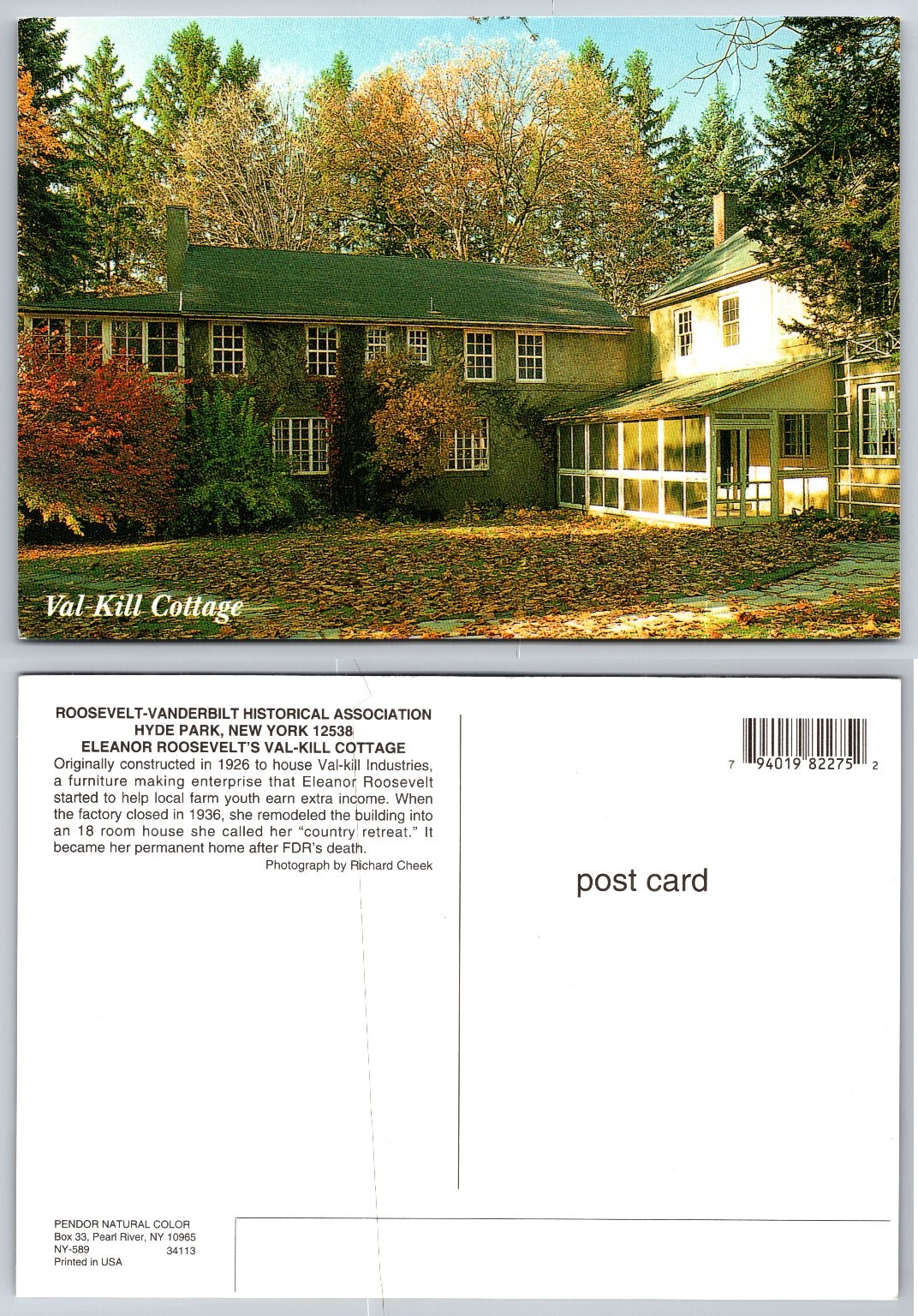 Eleanor Roosevelt Val-Kill Cottage Hyde Park NY Postcard Richard Cheek Photo Eleanor Roosevelt Val-Kill Cottage Hyde Park NY Postcard Richard Cheek Photo