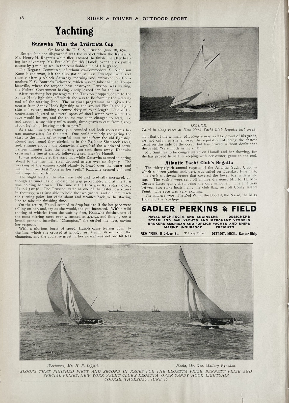 1904 Report Kanawha Wins Steam Yacht Race for Lysistrata Cup Off Sandy Hook Pics