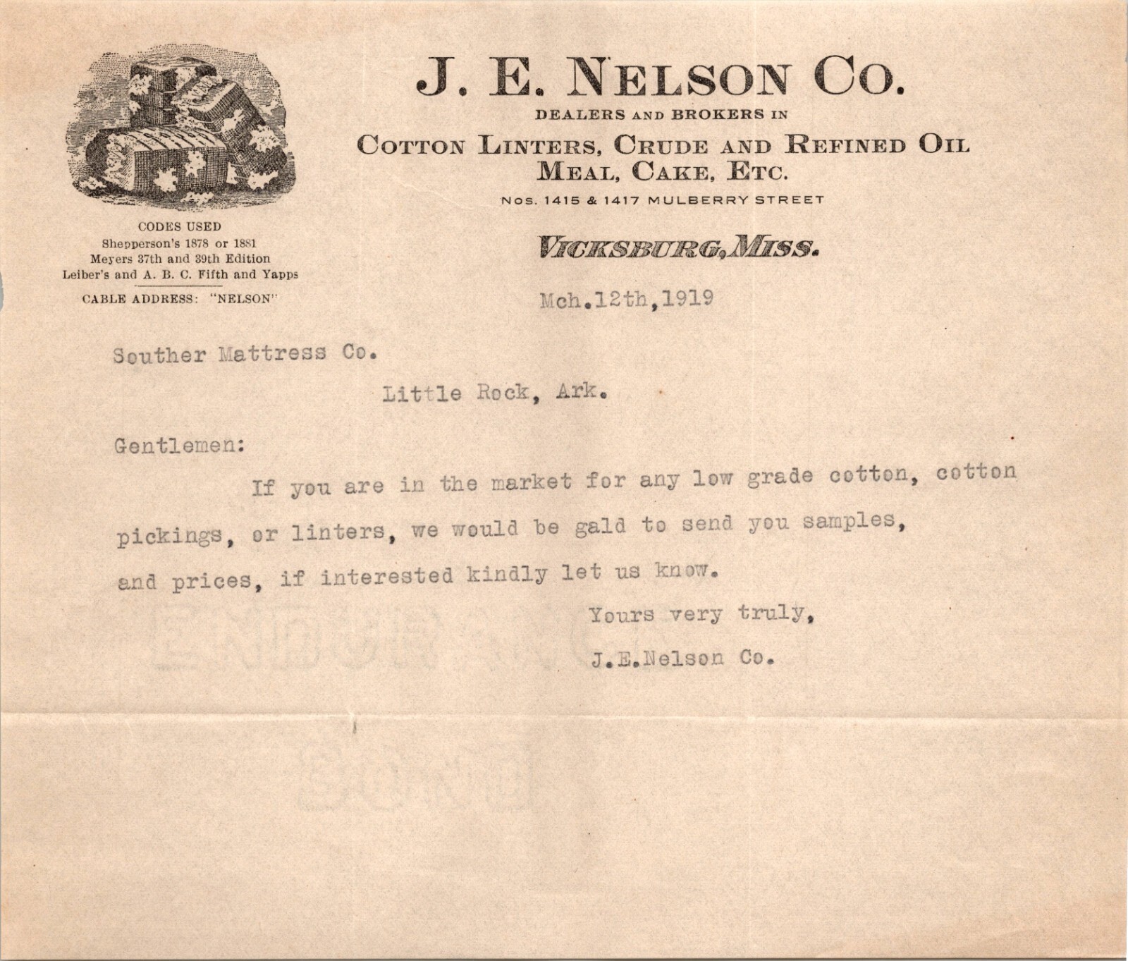 JE Nelson Co Vicksburg MS 1919 Letterhead Cotton Linters Crude Oil Meal & Cake