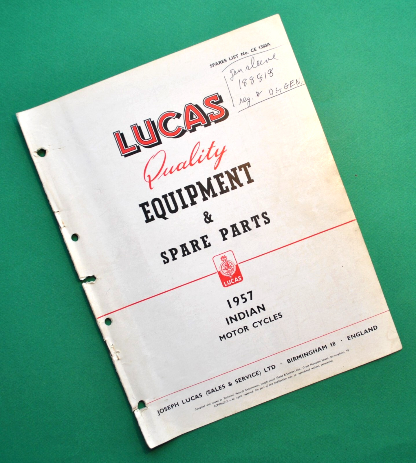 1957 Indian Motorcycle Book Lucas Electrical Parts Catalog Woodsman Tomahawk