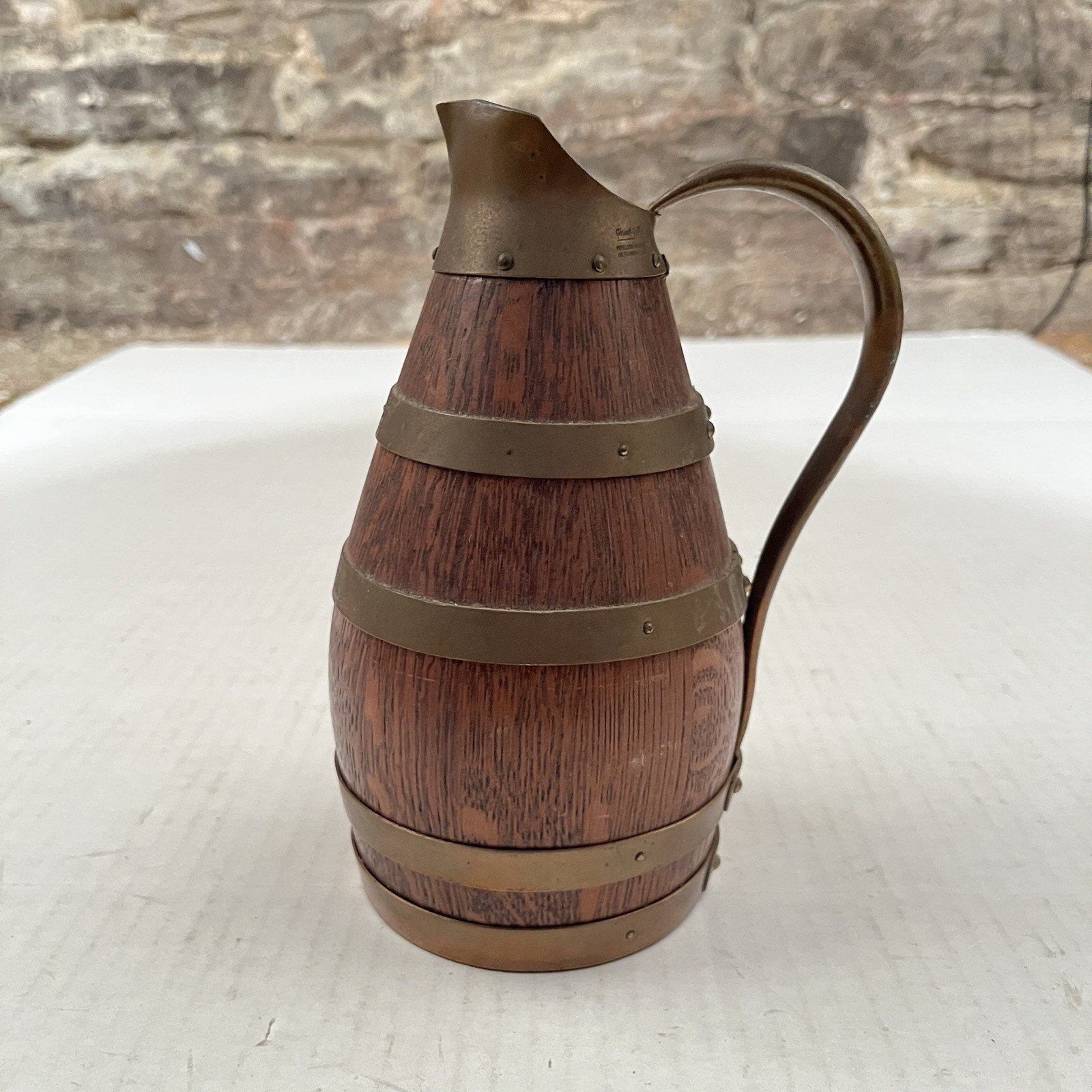 Antique 1933 Gerard Lafitte Oak Wood & Brass French Wine Barrel Jug Pitcher