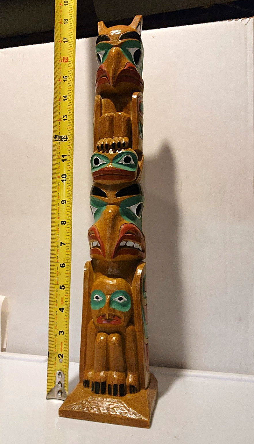 Carved Wood Tribal Totem Pole Figurine 18 in Brown Green Black Red