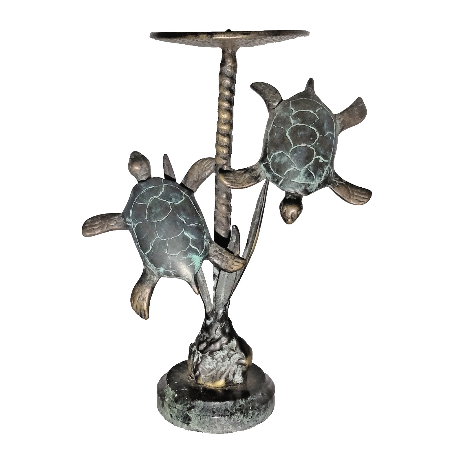 Vtg SPI Brass Sea Turtle Duet Candle Holder Genuine Green Marble Base Coastal 9\
