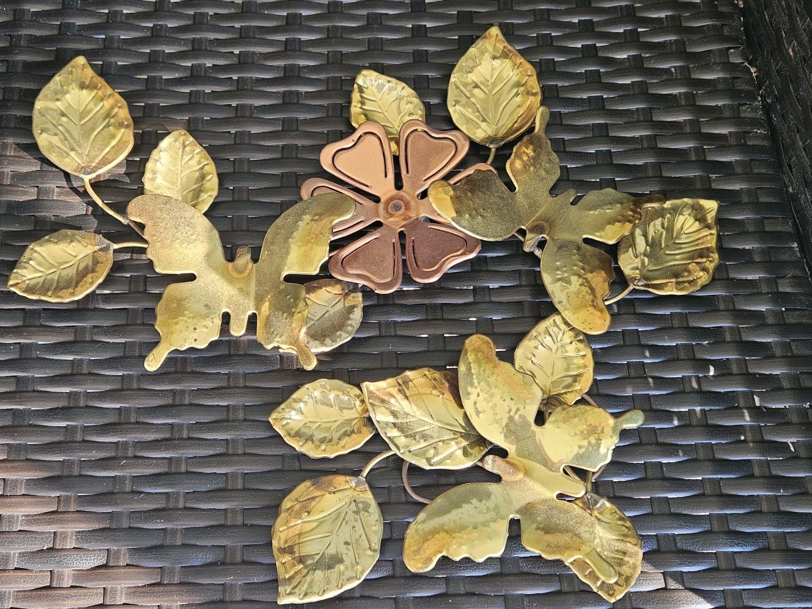 Vtg 2 Pc Homco Brass Copper Gold Metal Leaf Floral & Butterfly Wall Art Decor