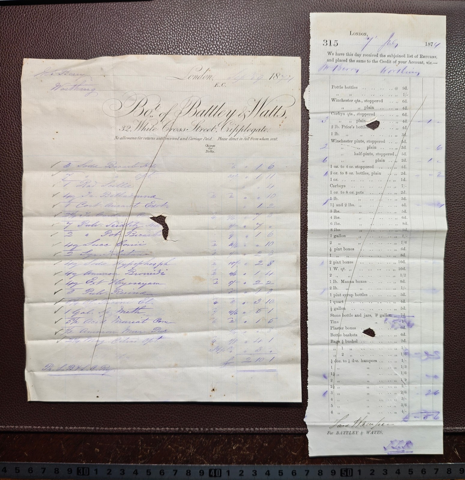 1874 Battley & Watts Wholesale Druggists 32 White Cross Street London Invoice