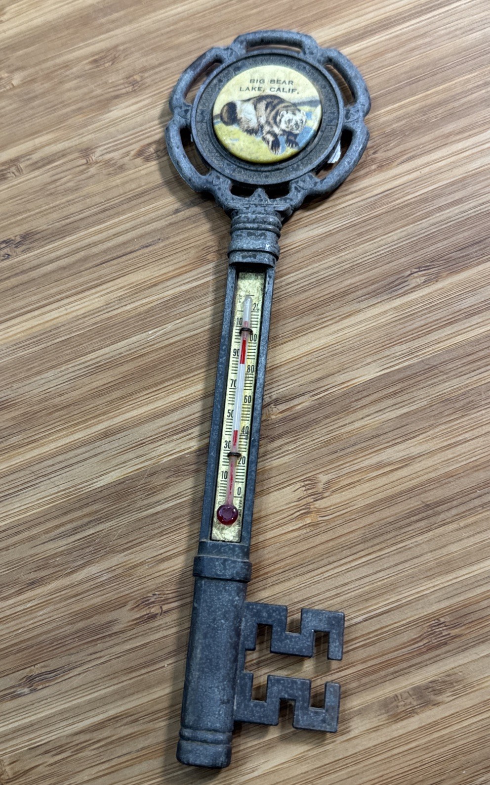 Vintage Souvenir Old Metal Key Wall Thermometer Big Bear Lake, California