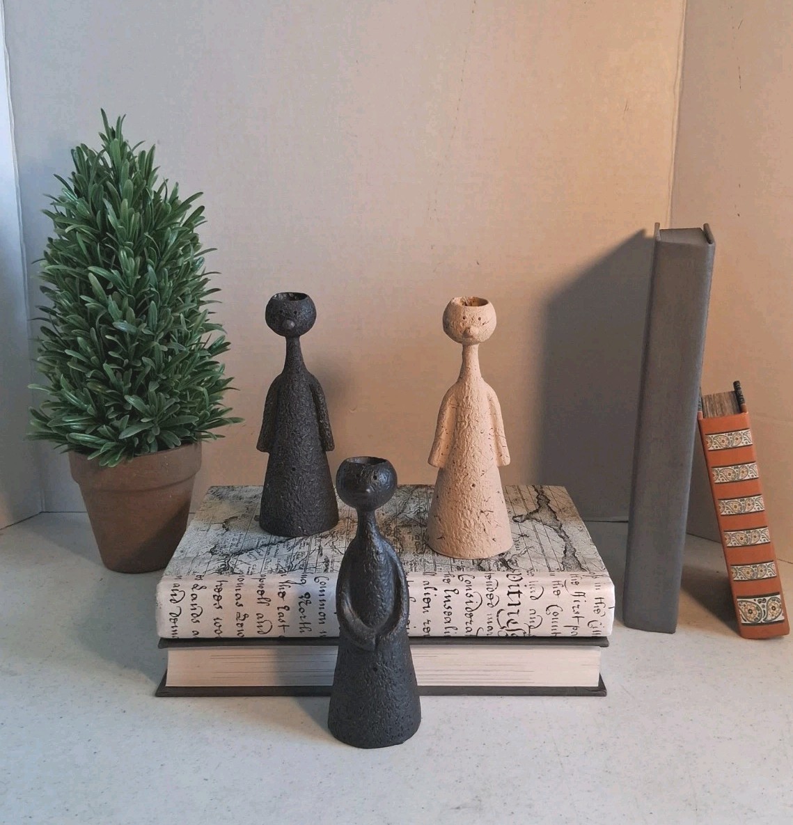 VTG Brutalist Style Set 3 Primitive Figurines; Planters/Candle Holder/Decor;