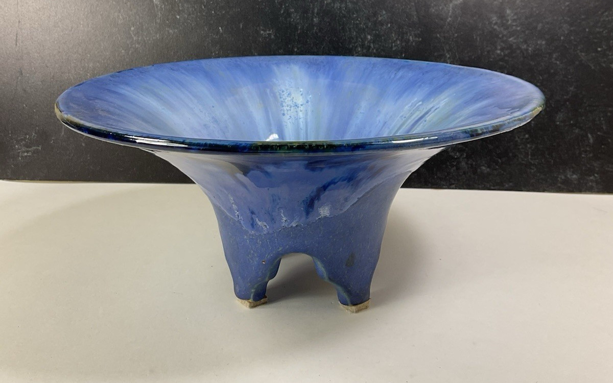 Antique Fulper Art Pottery Chinese Blue Flambe Glaze Quad Footed Bowl Planter