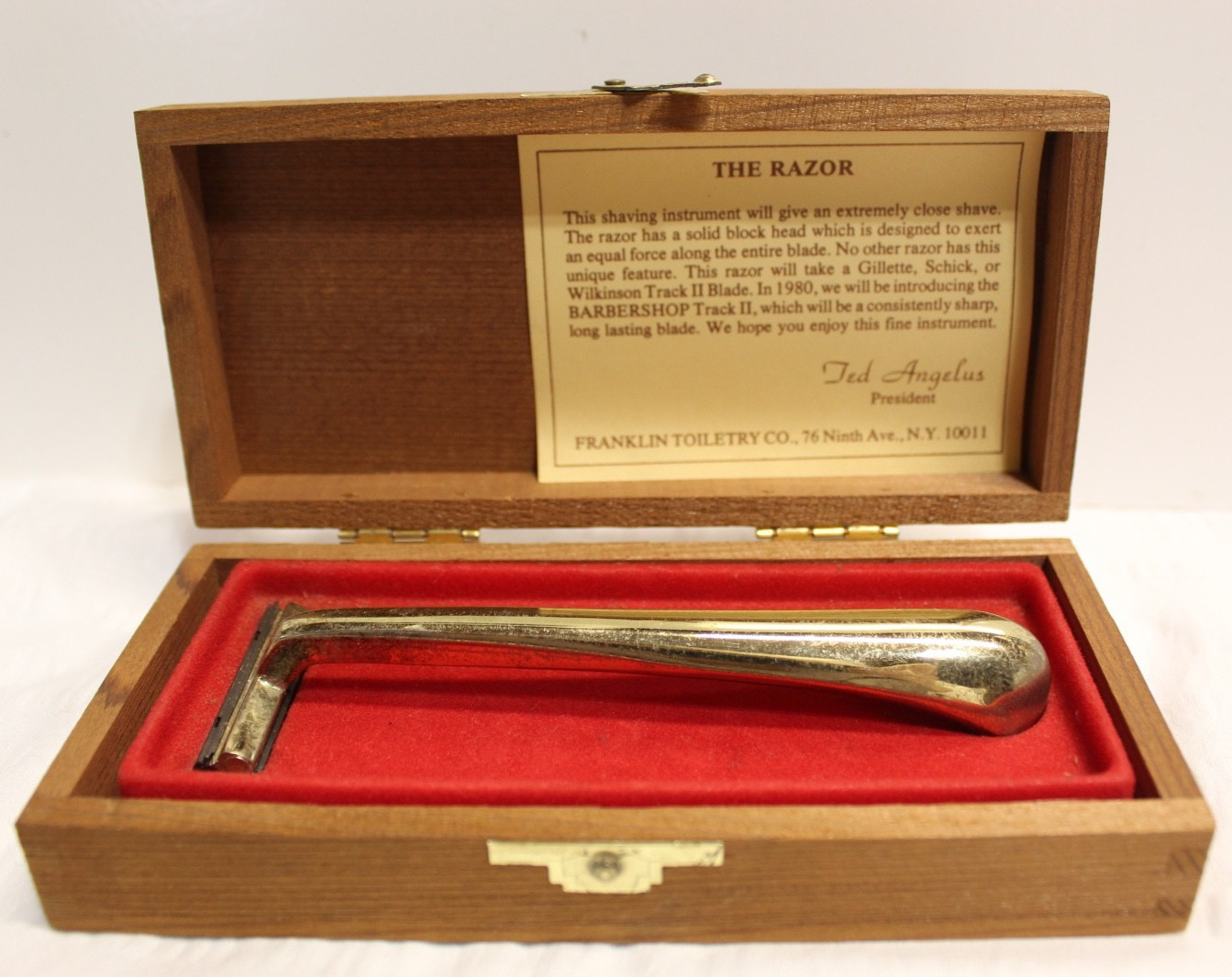 Vtg Franklin Toiletry Barbershop Old Fashioned Luxury Brass Razor in Wood Box