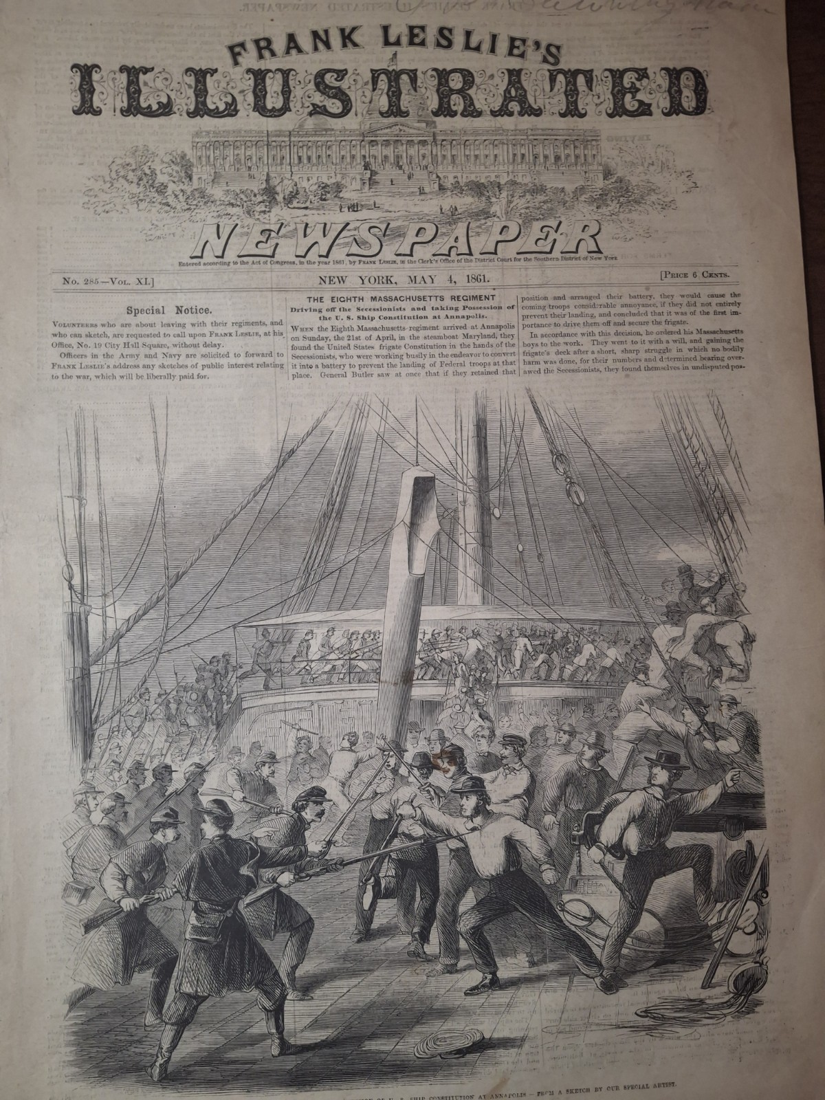Civil War Newspapers- LESLIE'S - FORT SUMTER, LINCOLN PROCLAMATION, ELLSWORTH