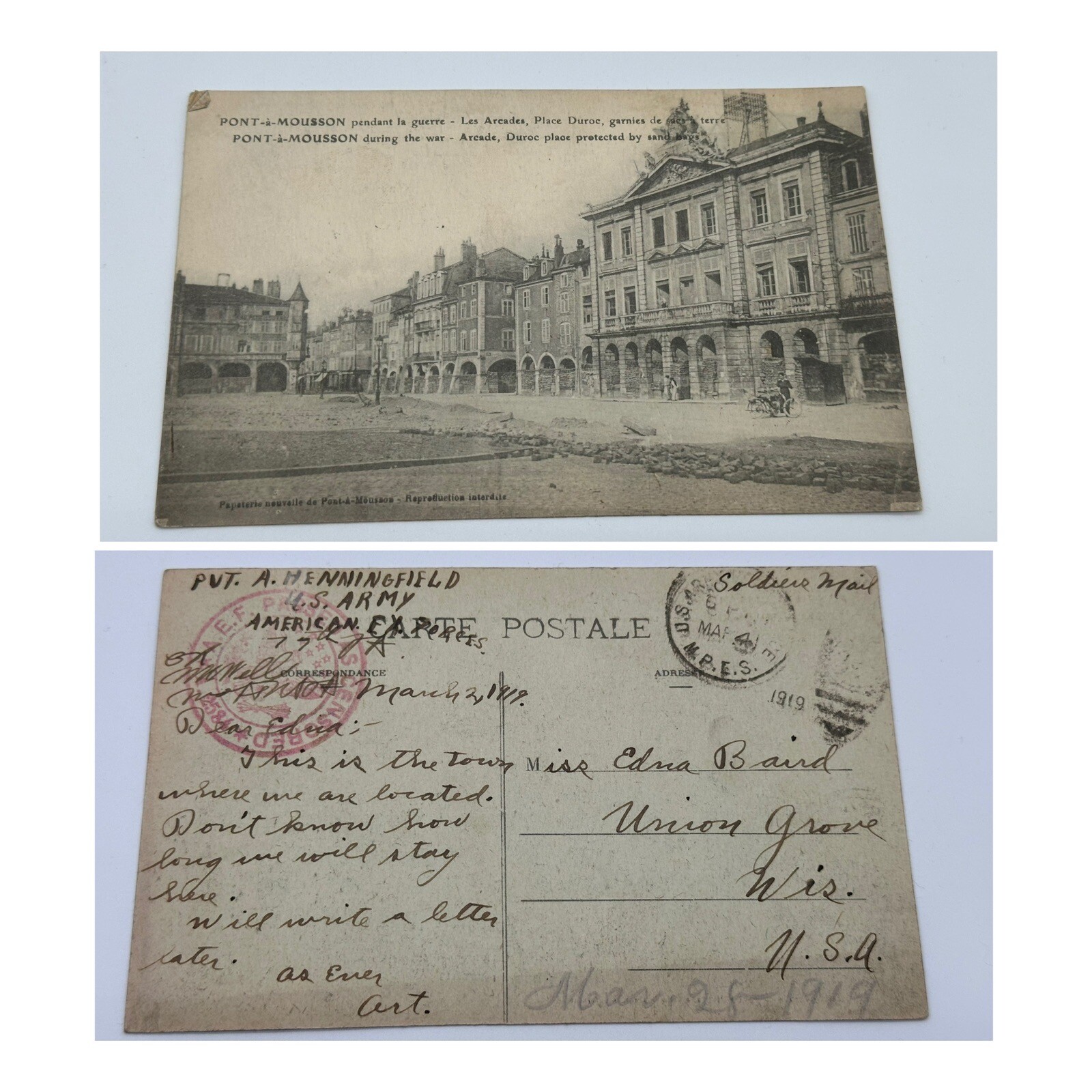 WWI Soldier Postcard Letter Home Dated 1919 Union Grove Wisconsin