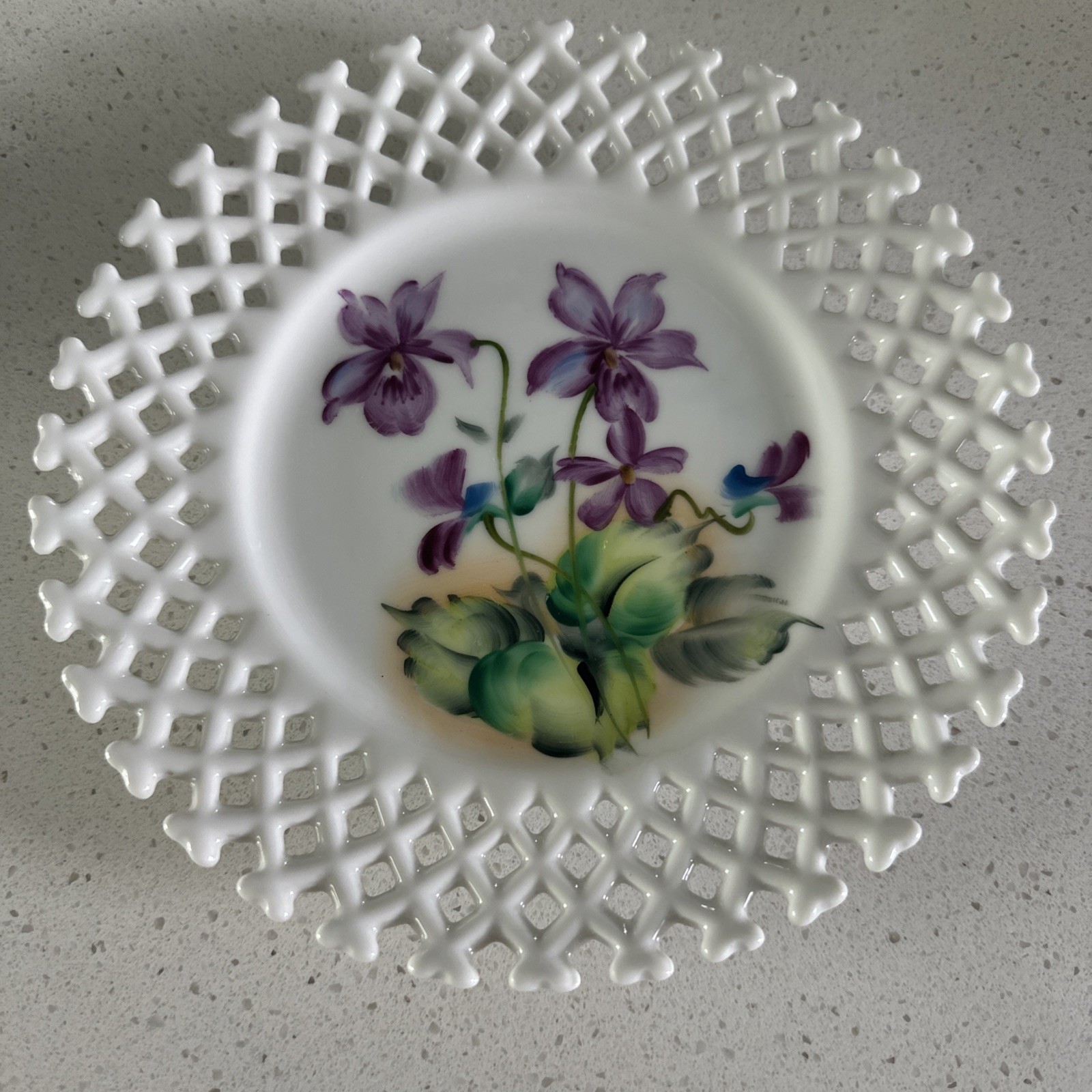 Vtg Lefton Plate Purple Violet Flowers Open Lattice Lace Edge Hand Painted RARE Vtg Lefton Plate Purple Violet Flowers Open Lattice Lace Edge Hand Painted RARE