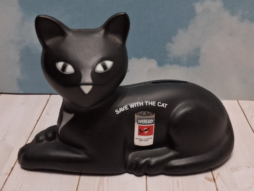 Vintage 1981 Eveready Plastic Black Piggy Bank Cat Blow Mold Figure