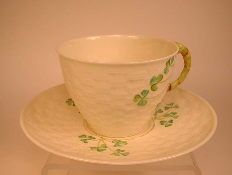 Vintage Belleek Porcelain Tea Cup Saucer Shamrock Basketweave Green Black