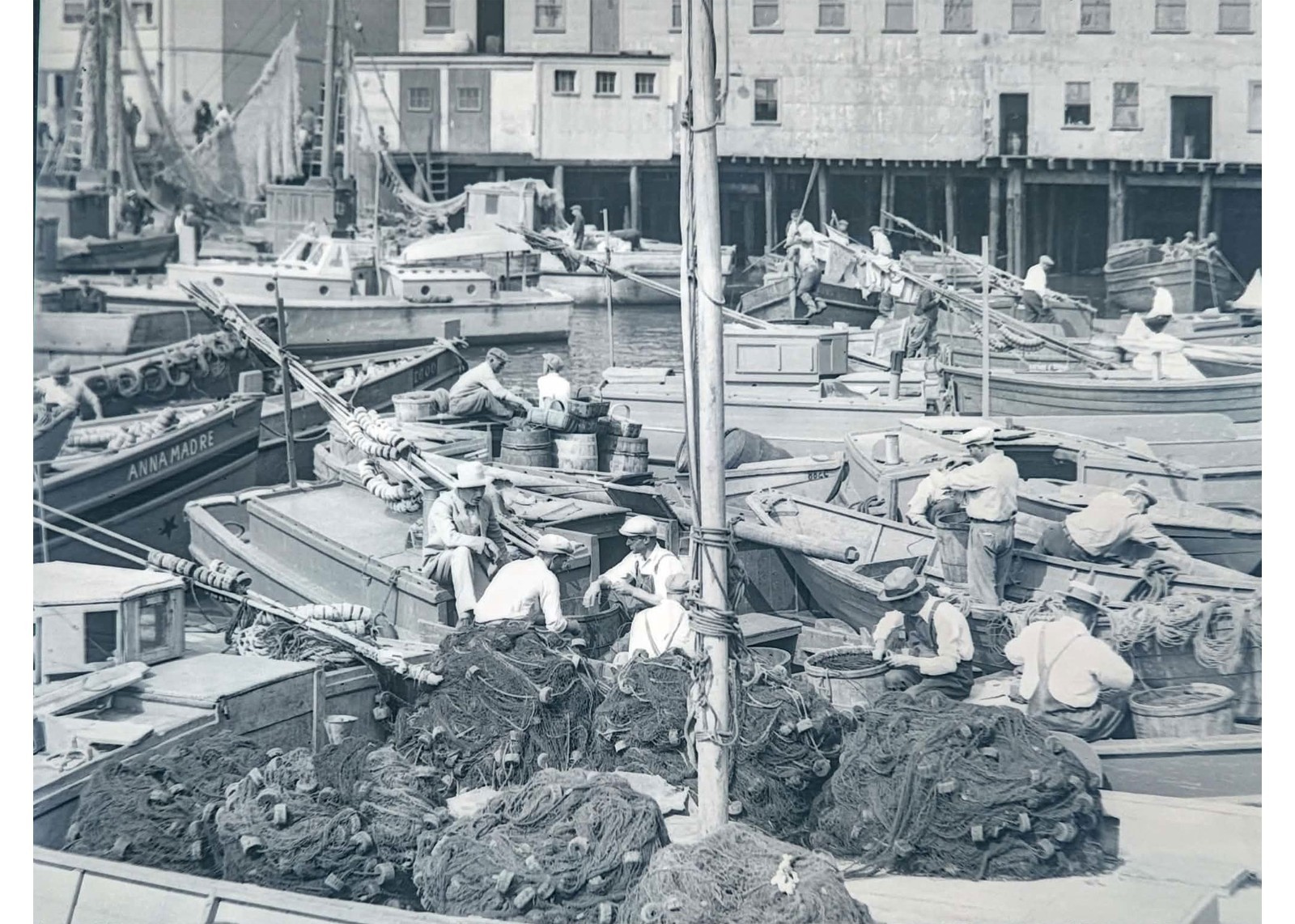 1929 Boston Italian Fishermen T-Wharf Fleet Nets Boats Glass Plate Negative OOAK