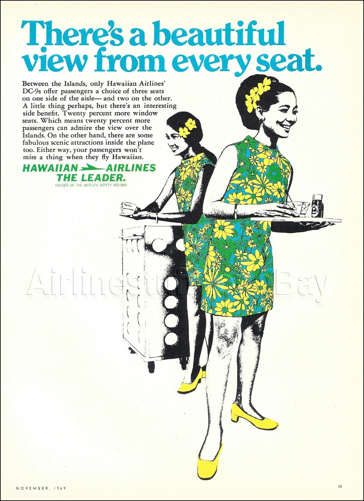 1969 HAWAIIAN Airlines STEWARDESS ad advert BEAUTIFUL VIEW FROM EVERY SEAT
