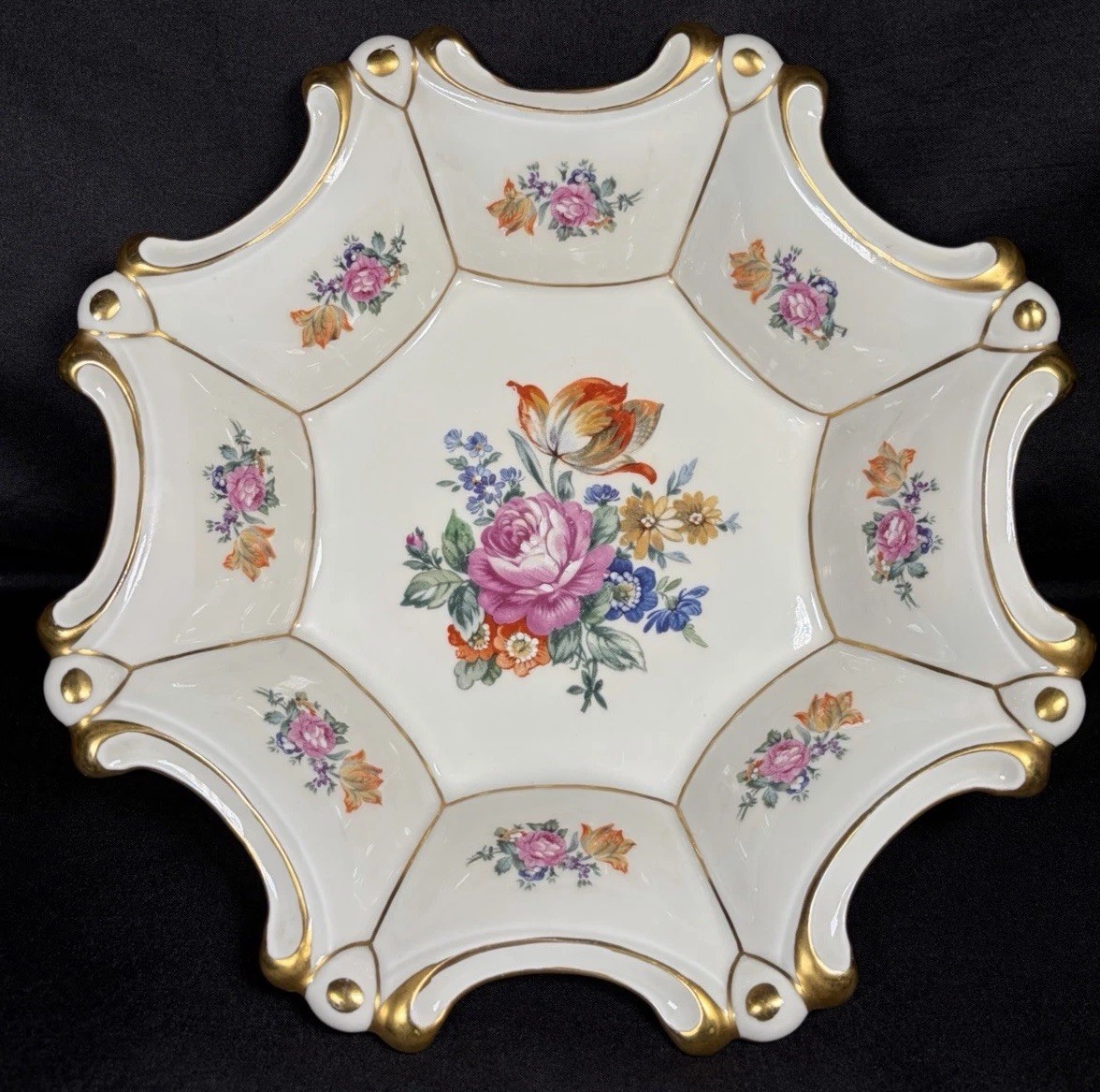 JL Menau Graf Von Henneberg Porzellan Hand Enameled Gold Accented Bowl 10”