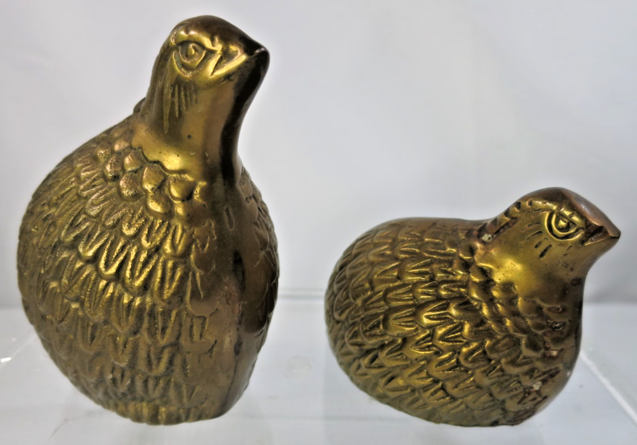 Vintage Brass Quail Partridge Figurines Set of 2 Mid Century Paperweight EUC