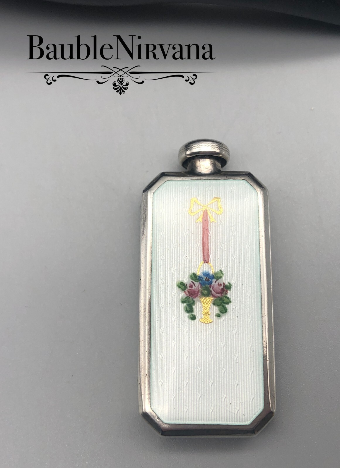 Vintage F&B Sterling Silver & White Guilloche Enamel Flask Perfume Bottle
