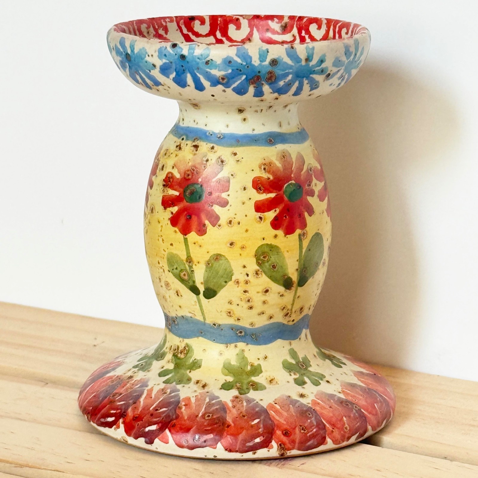 Vintage Majolica Candlestick Holder Italy Red Flowers Blue Green Yellow Ceramic