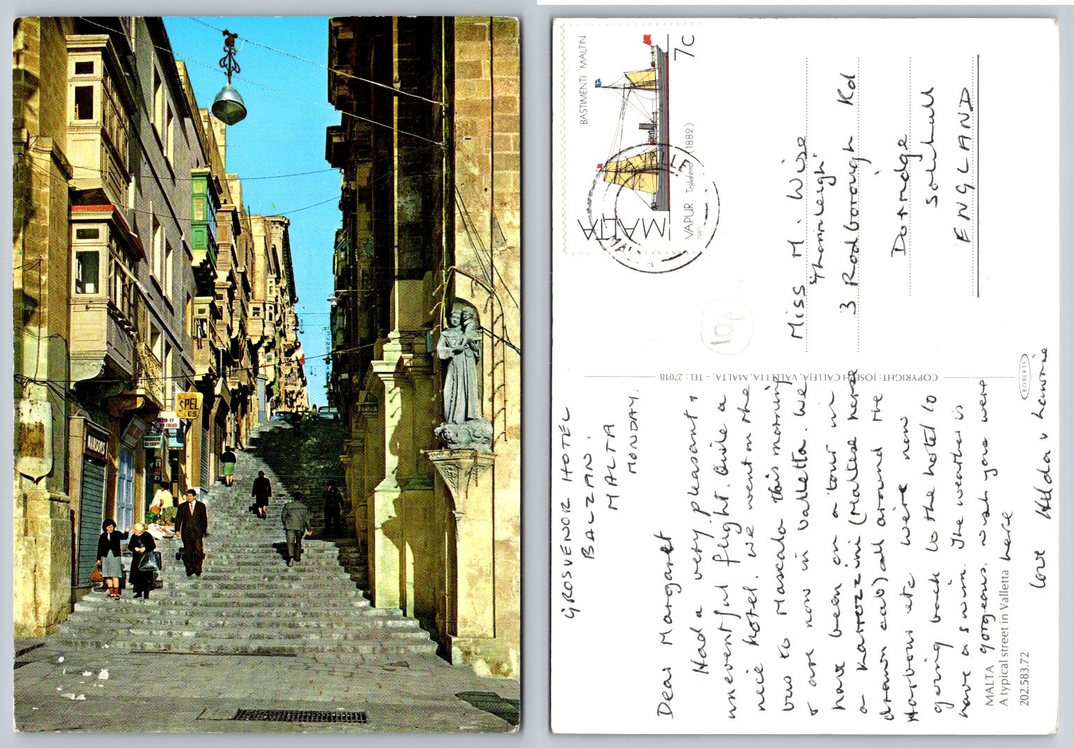 Vintage Malta Valletta Steep Street Steps Postcard 1988 Posted Joseph Calleja