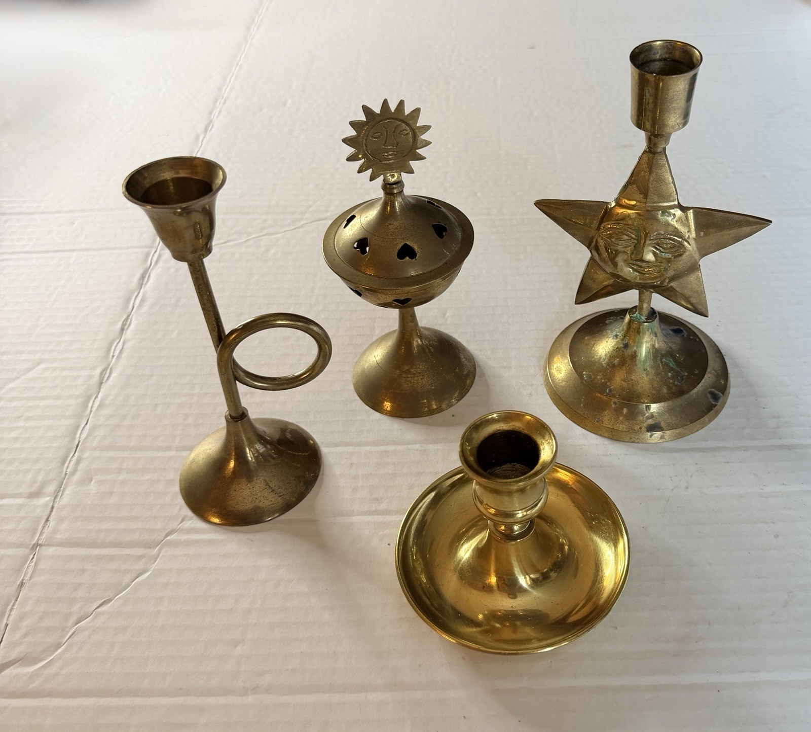 vintage  brass decor Celestial Candle Holder & Incense Burner Lot Sun4 Pc