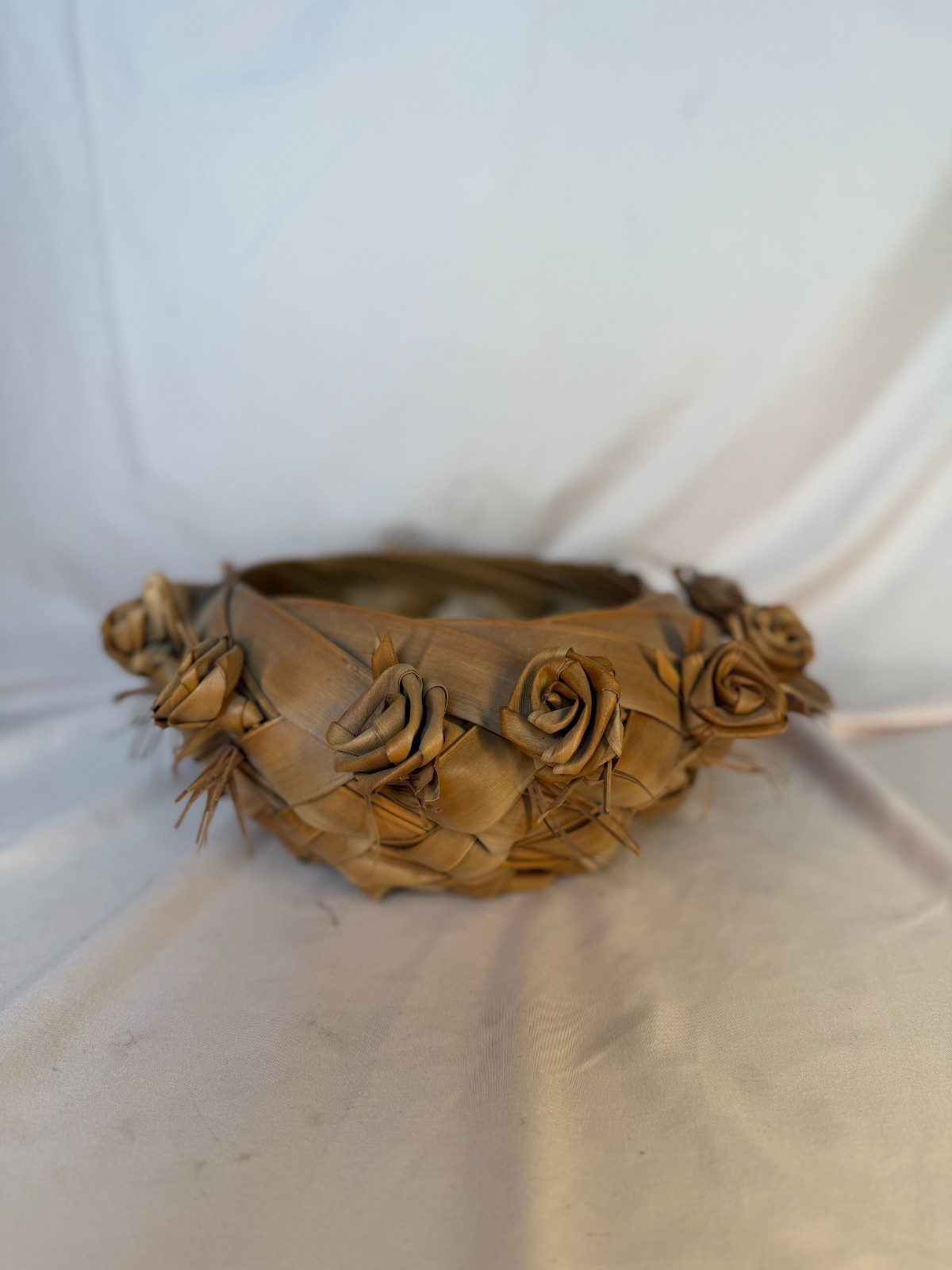 Vintage Hand Woven Palm Leaf Basket Woven Rose Flowers Tiki Hawaiian Decor
