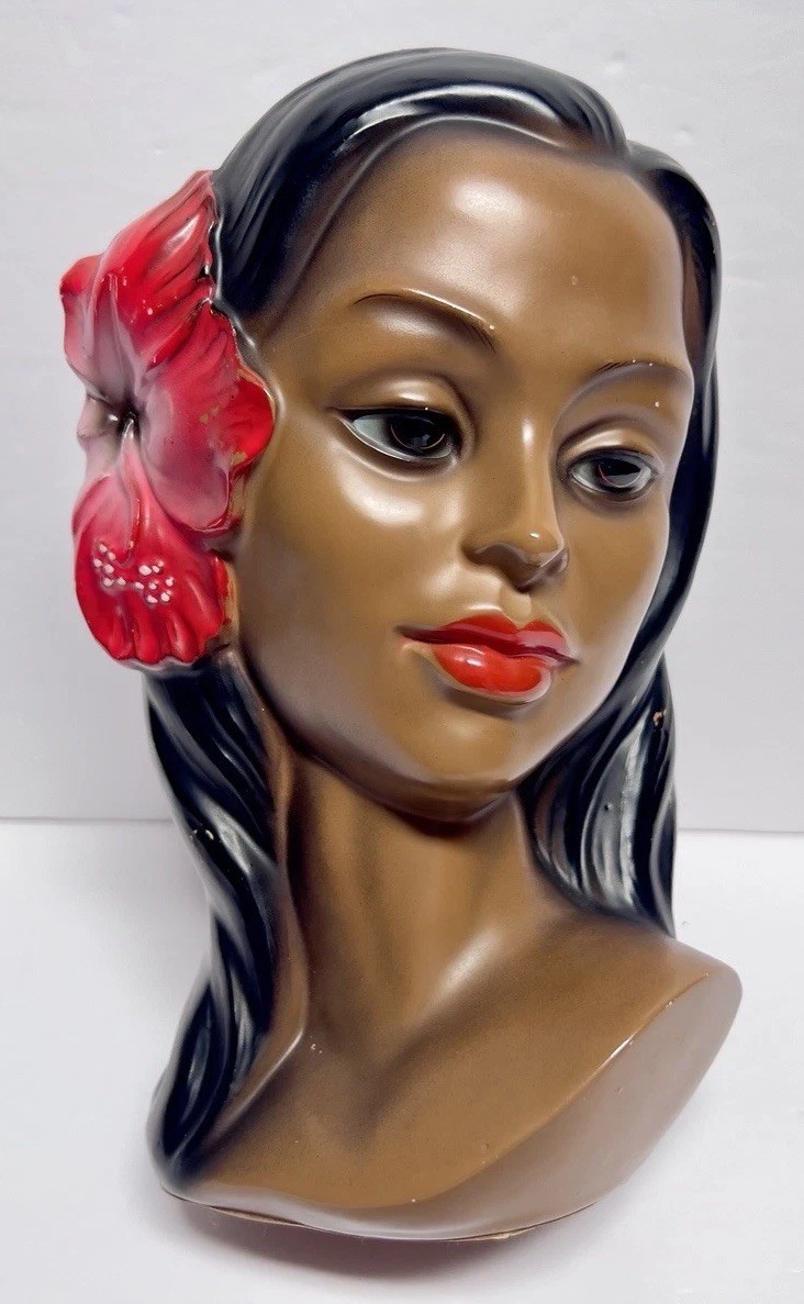 Vintage Marwal? Chalkware Hawaiian Woman Bust Tiki Hibiscus MCM 1960s Hula Girl