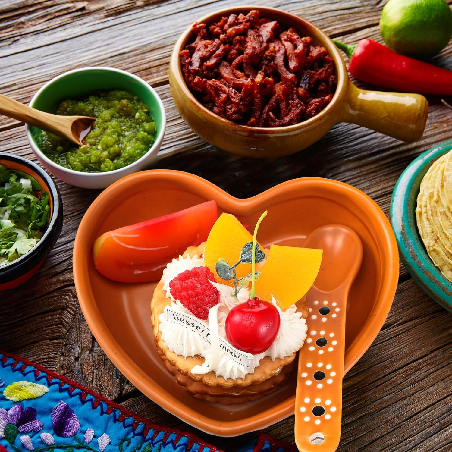 Mexican Clay Plates Floral Heart Shaped Ceramic Clay Bowl and Spoon Set, Terr... Mexican Clay Plates Floral Heart Shaped Ceramic Clay Bowl and Spoon Set, Terr...