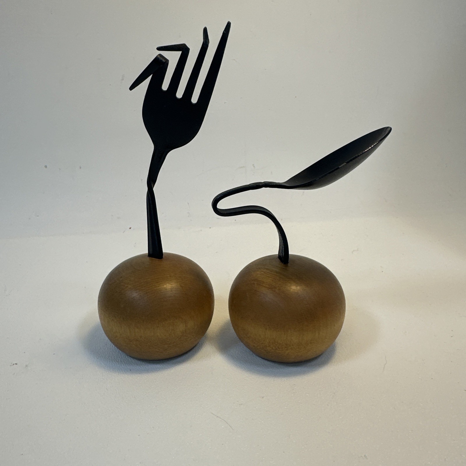 Minimalist Silverware Sculpture Bent Blk Utensils on Round Wood Base Unique OOAK