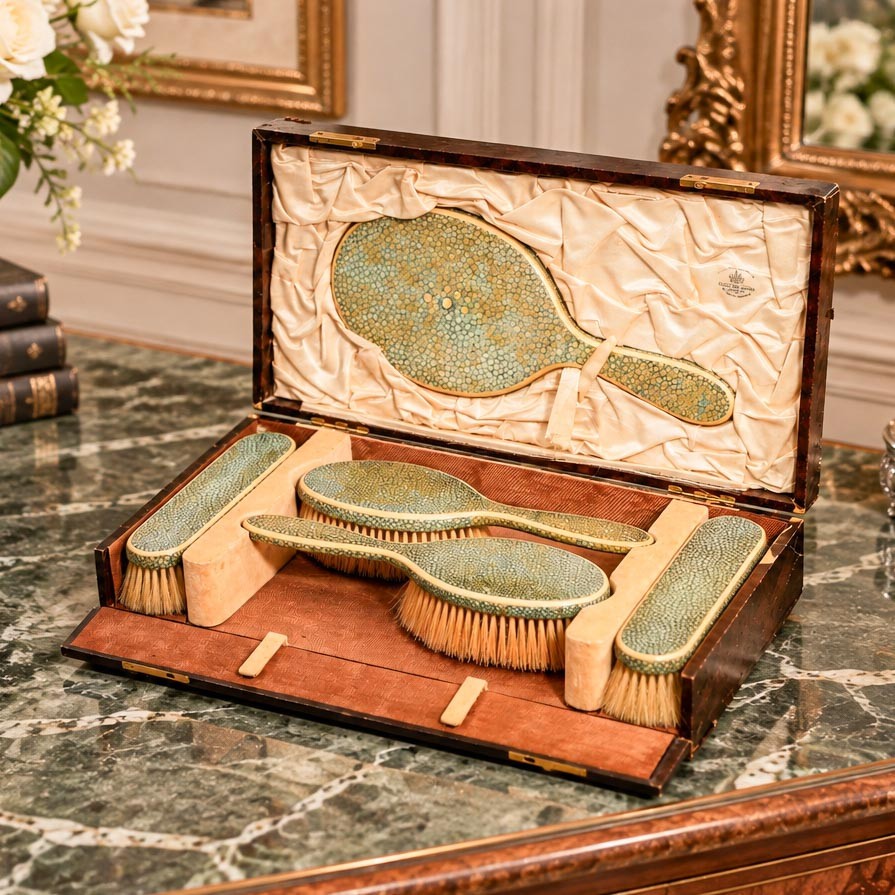 Rare Antique English Art Deco Shagreen Vanity Set Brushes Mirror