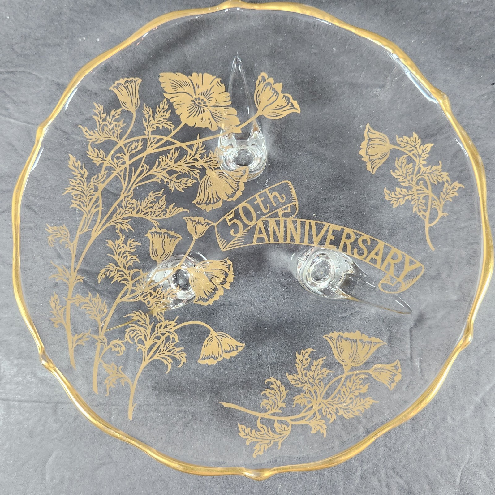 Vintage 50th Anniversary Clear Footed Scalloped Glass Plate Gold Trim W Flowers
